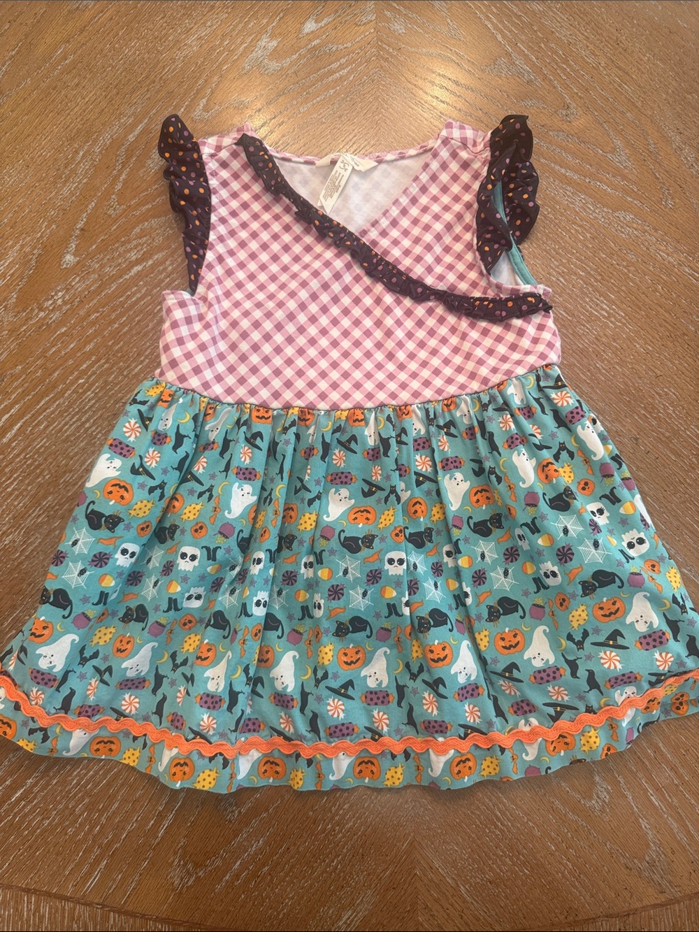 Matilda Jane Pink Gingham & Teal Halloween Print Top